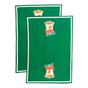 MAHOGANY Set of 2 Holiday Jingle Bell Flour Sack Kitchen Towels Christmas Green